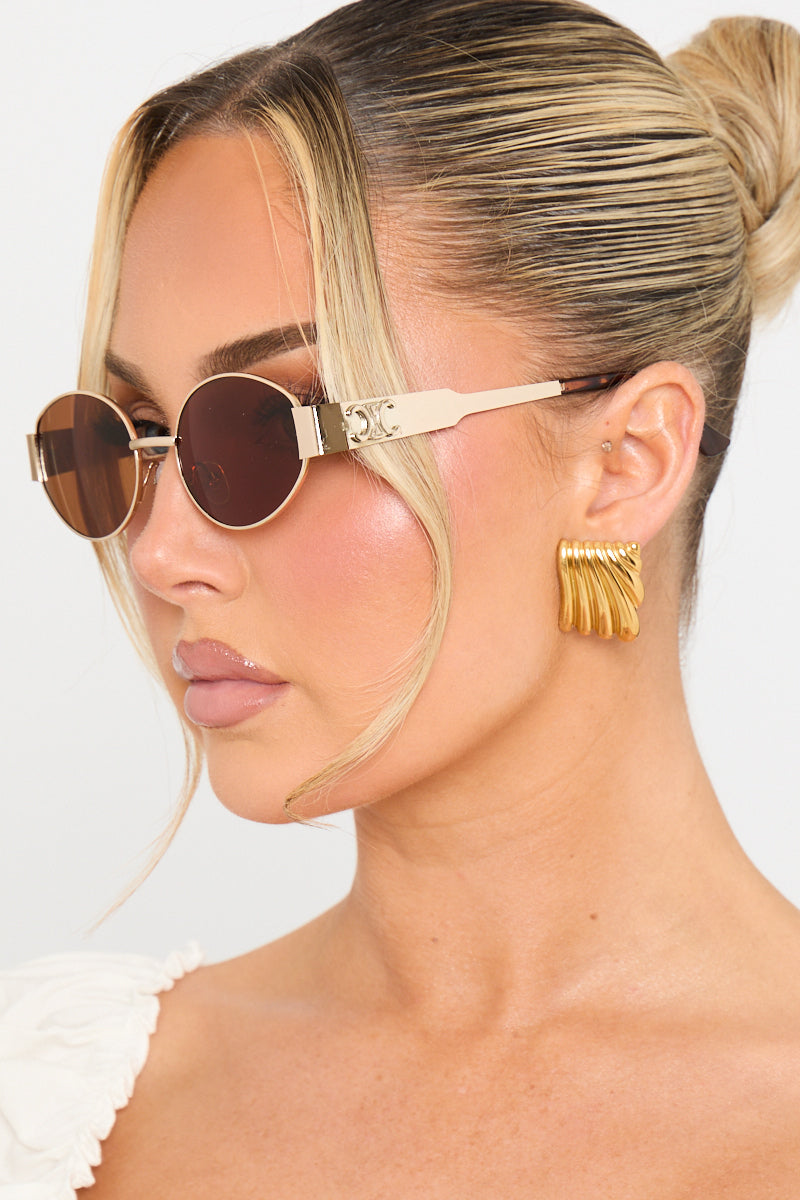 Gold Brown Metal Rounded Oval Frame Sunglasses - AMRONI