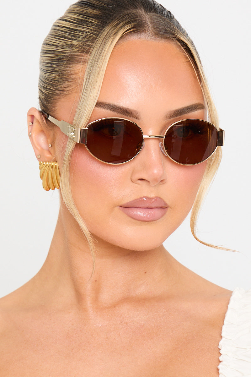 Gold Brown Metal Rounded Oval Frame Sunglasses - AMRONI