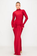 Red Turtle Neck Body-Skimming Soft Jersey Wrap-Style Maxi Dress - AMRONI