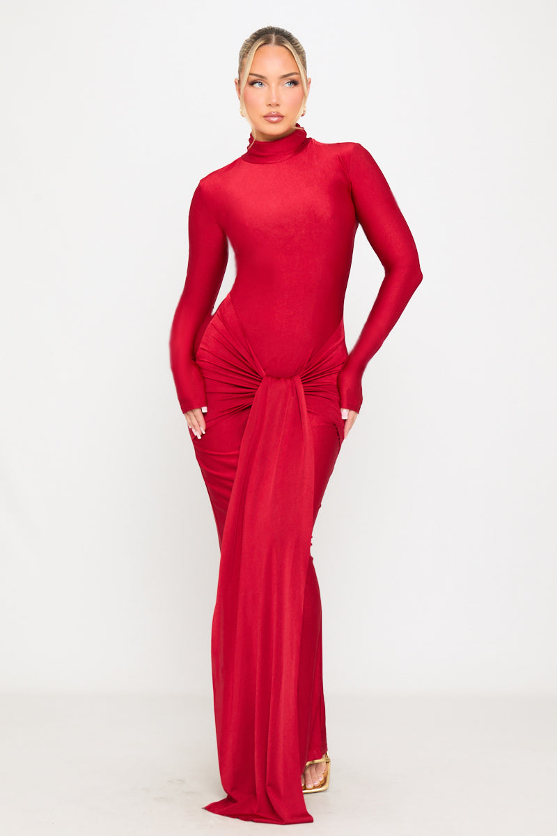 Red Turtle Neck Body-Skimming Soft Jersey Wrap-Style Maxi Dress - AMRONI