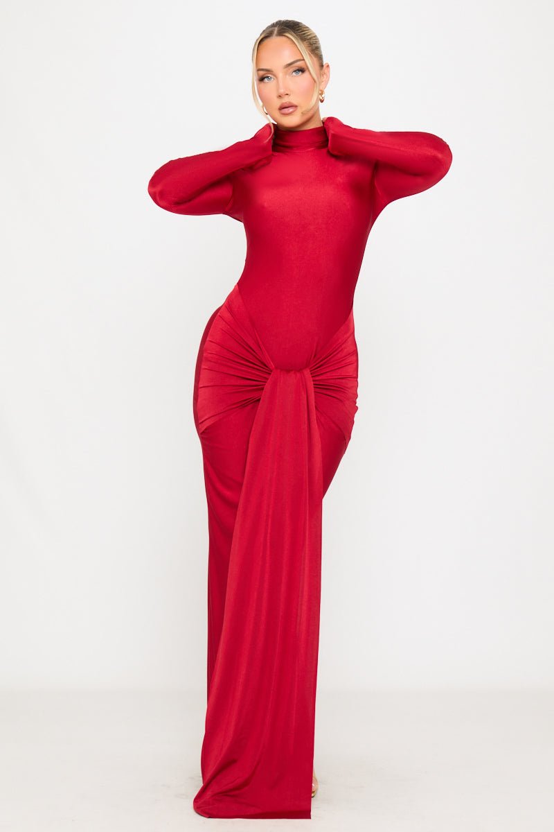 Red Turtle Neck Body-Skimming Soft Jersey Wrap-Style Maxi Dress - AMRONI