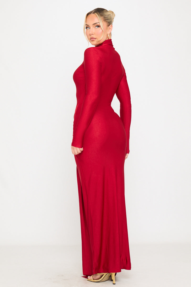 Red Turtle Neck Body-Skimming Soft Jersey Wrap-Style Maxi Dress - AMRONI