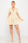 Yellow Mini Dress - Floral-Print Pleat-Detail Milkmaid