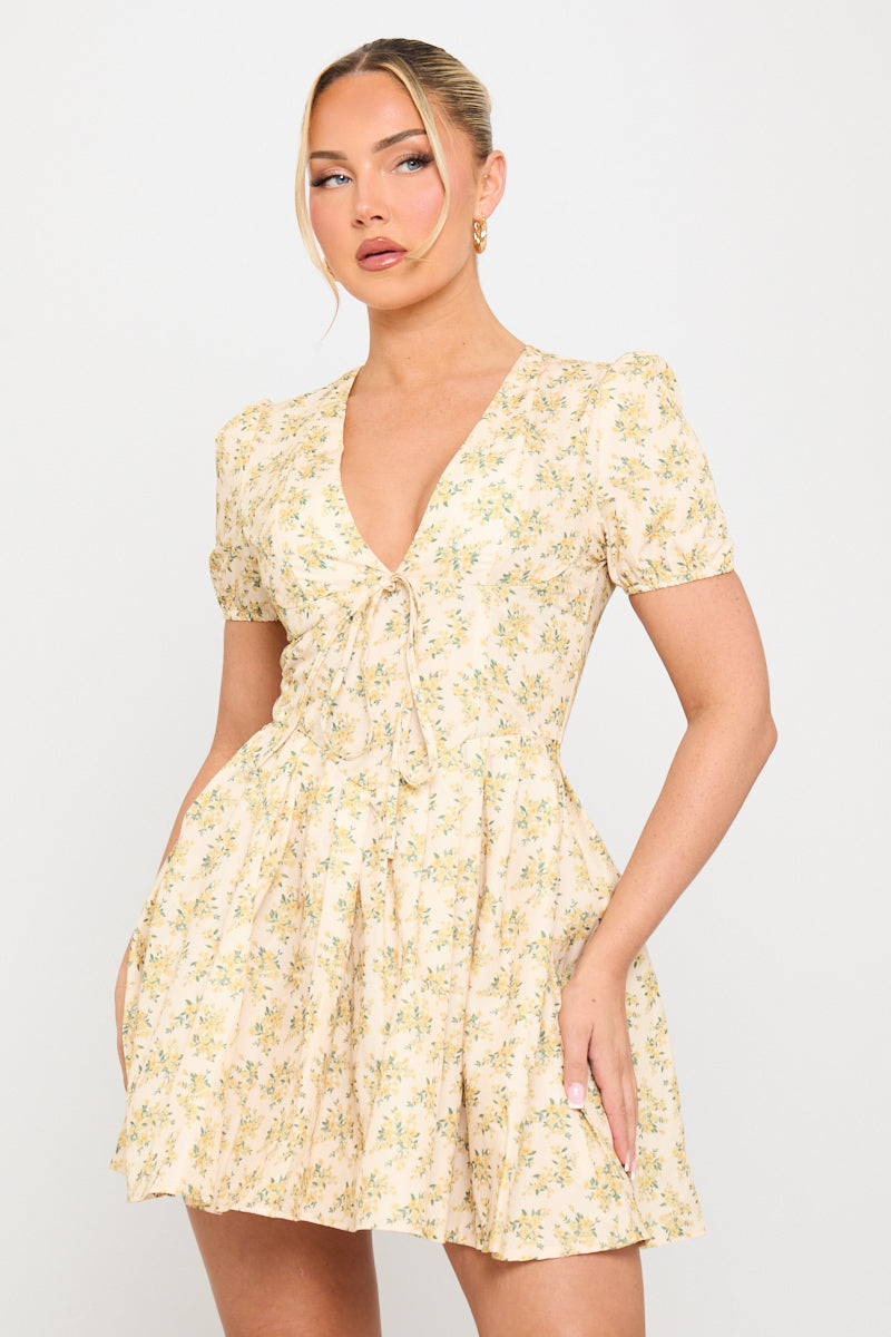 Yellow Mini Dress - Floral-Print Pleat-Detail Milkmaid