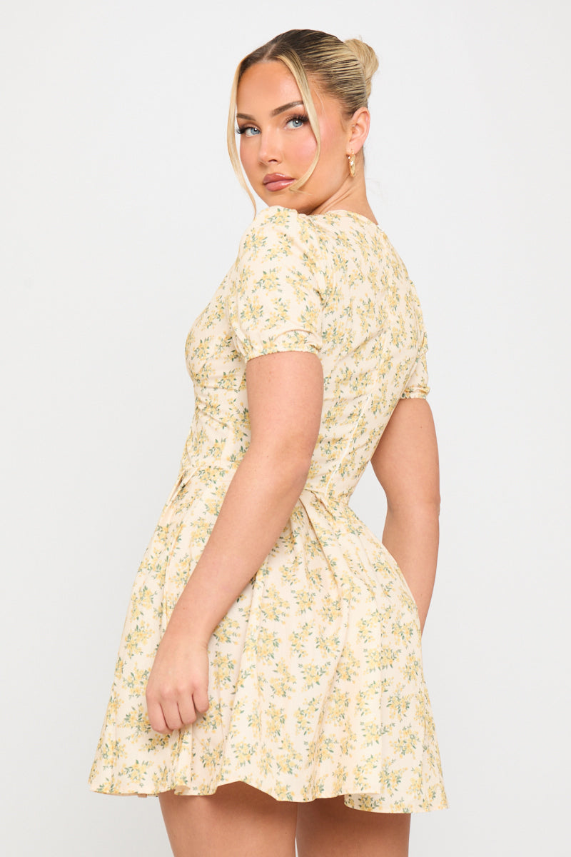 Yellow Mini Dress - Floral-Print Pleat-Detail Milkmaid