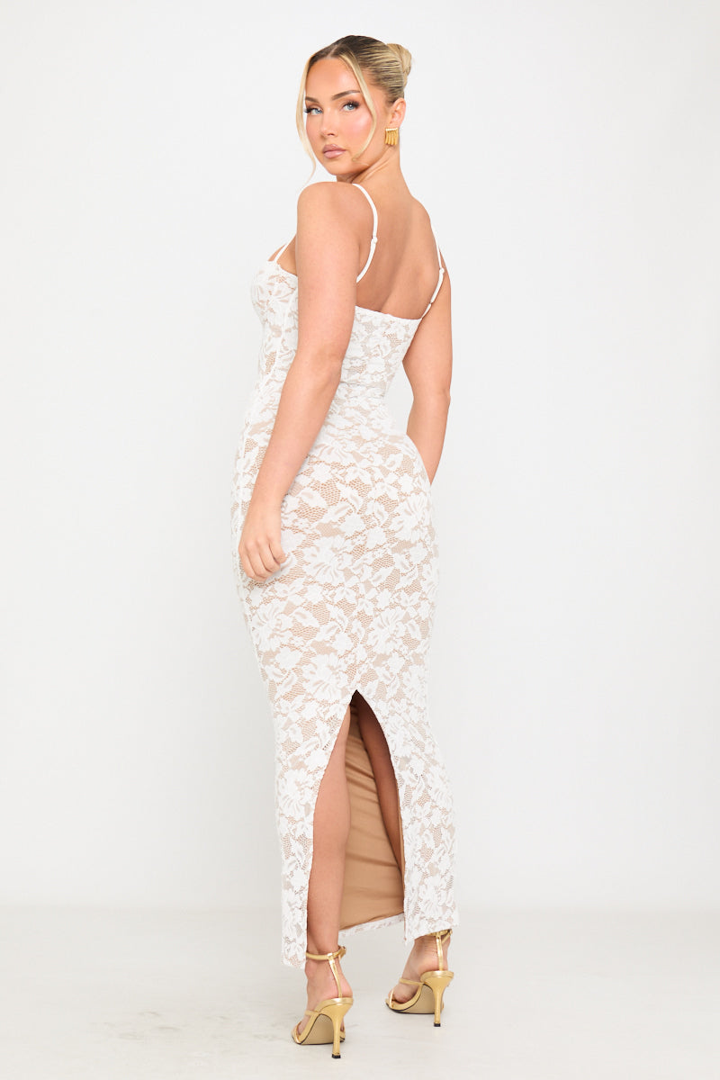 Lace Floral Embroidered Sleeveless Maxi Dress in White