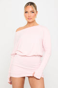 Pink Bardot Knit Full Sleeve Mini Dress - AMRONI
