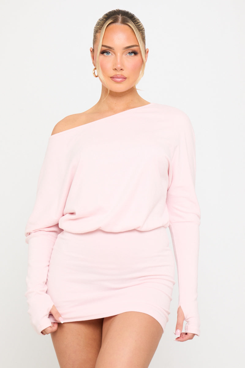 Pink Bardot Knit Full Sleeve Mini Dress - AMRONI
