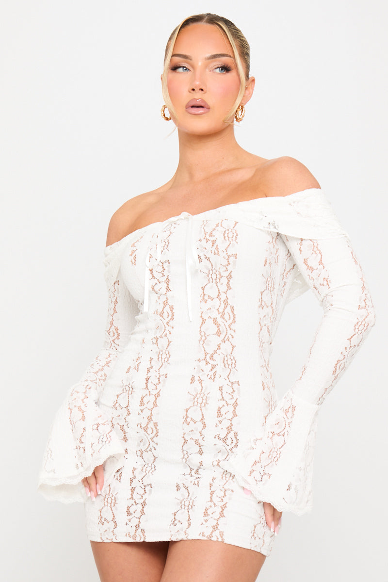 Cream Floral-Print Lace Off-the-Shoulder Mini Dress