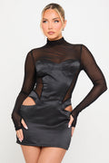 Black Mini Dress - Sheer-Mesh Mock Neck Cutout Bustier