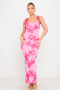 Floral Embroidered Shoulder Tie Maxi Dress in Pink