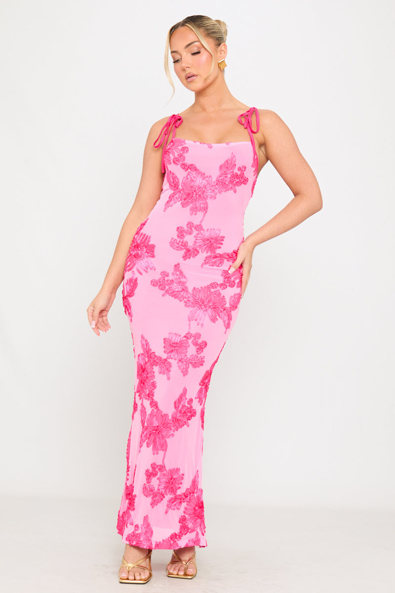 Floral Embroidered Shoulder Tie Maxi Dress in Pink