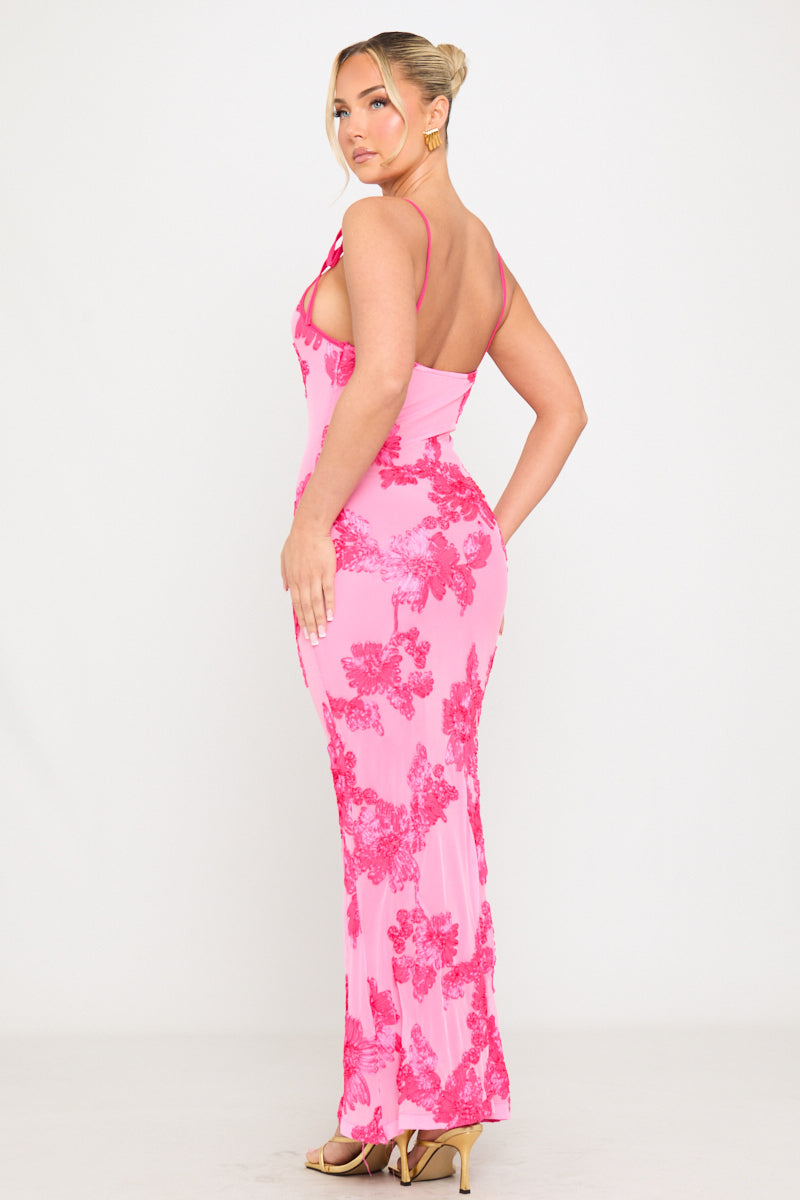 Floral Embroidered Shoulder Tie Maxi Dress in Pink