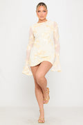 Cream Mini Dress - Floral-Print Embroidery Detail Open-Back