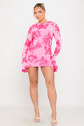 Pink Mini Dress - Floral-Print Embroidered Open Back