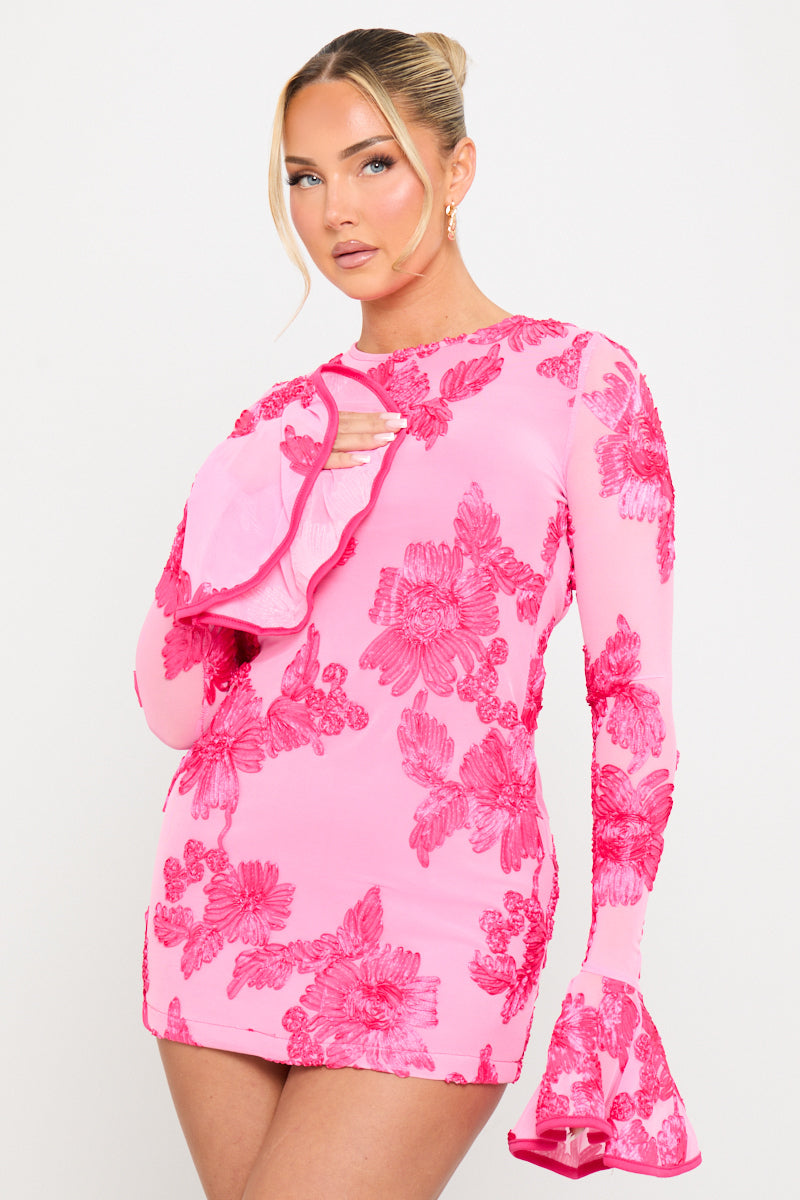Pink Mini Dress - Floral-Print Embroidered Open Back