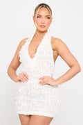 White Shaggy Sheer V-Plunge Halterneck Mini Dress - AMRONI