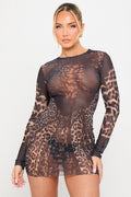 Leopard Print Semi-Sheer Long-Sleeve Mini Dress - AMRONI