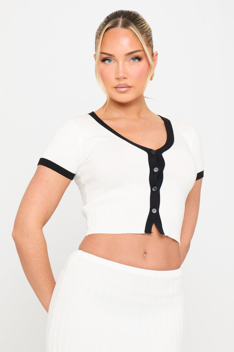 Contrast Rib Knit Top & Midi Skirt Co-Ord in White