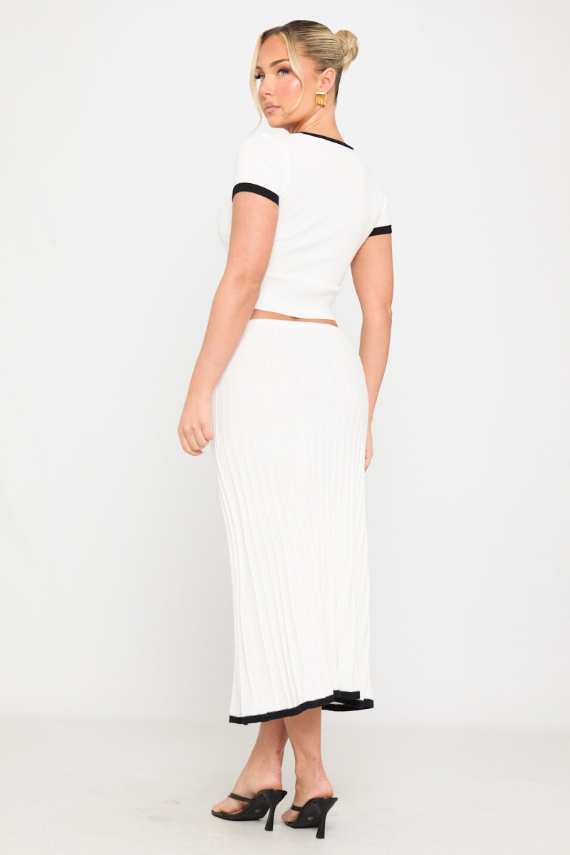 Contrast Rib Knit Top & Midi Skirt Co-Ord in White