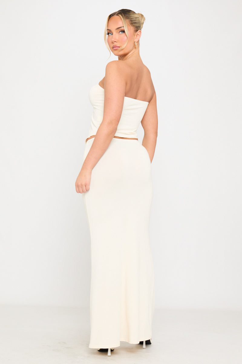Tie Detail Split Front Top & Maxi Skirt Co-Ord in Cream