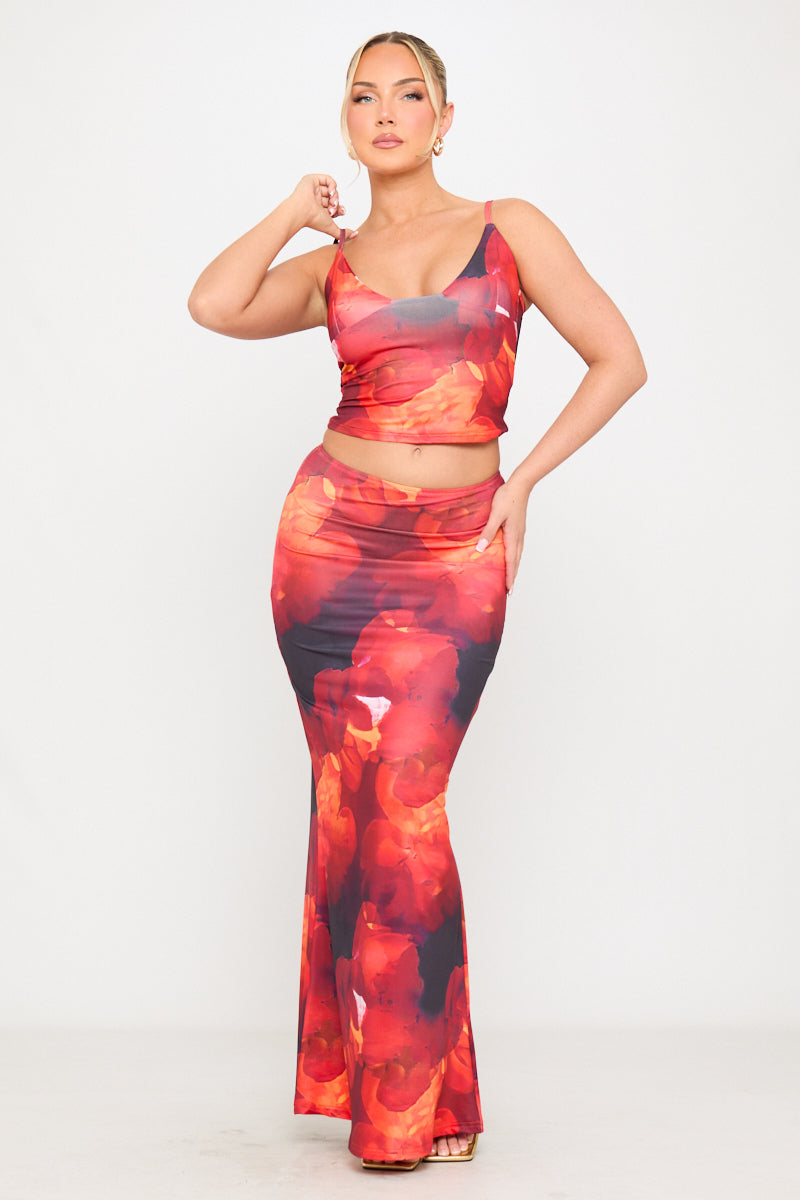 Floral Print Strappy Top & Maxi Skirt Co-Ord in Red