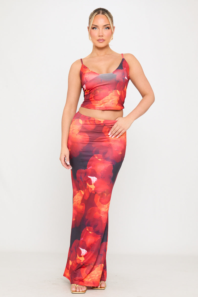 Floral Print Strappy Top & Maxi Skirt Co-Ord in Red