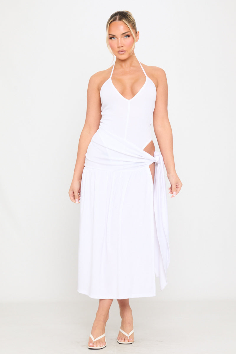 Halter Plunge Bodysuit & Tie Maxi Skirt Co-Ord in White