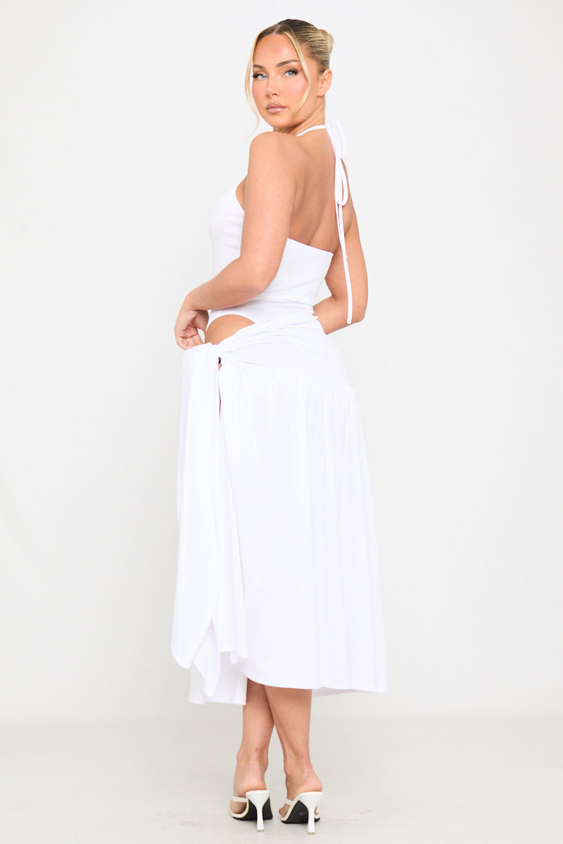 Halter Plunge Bodysuit & Tie Maxi Skirt Co-Ord in White