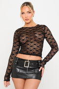 Sheer Floral Lace Long Sleeve Top in Black