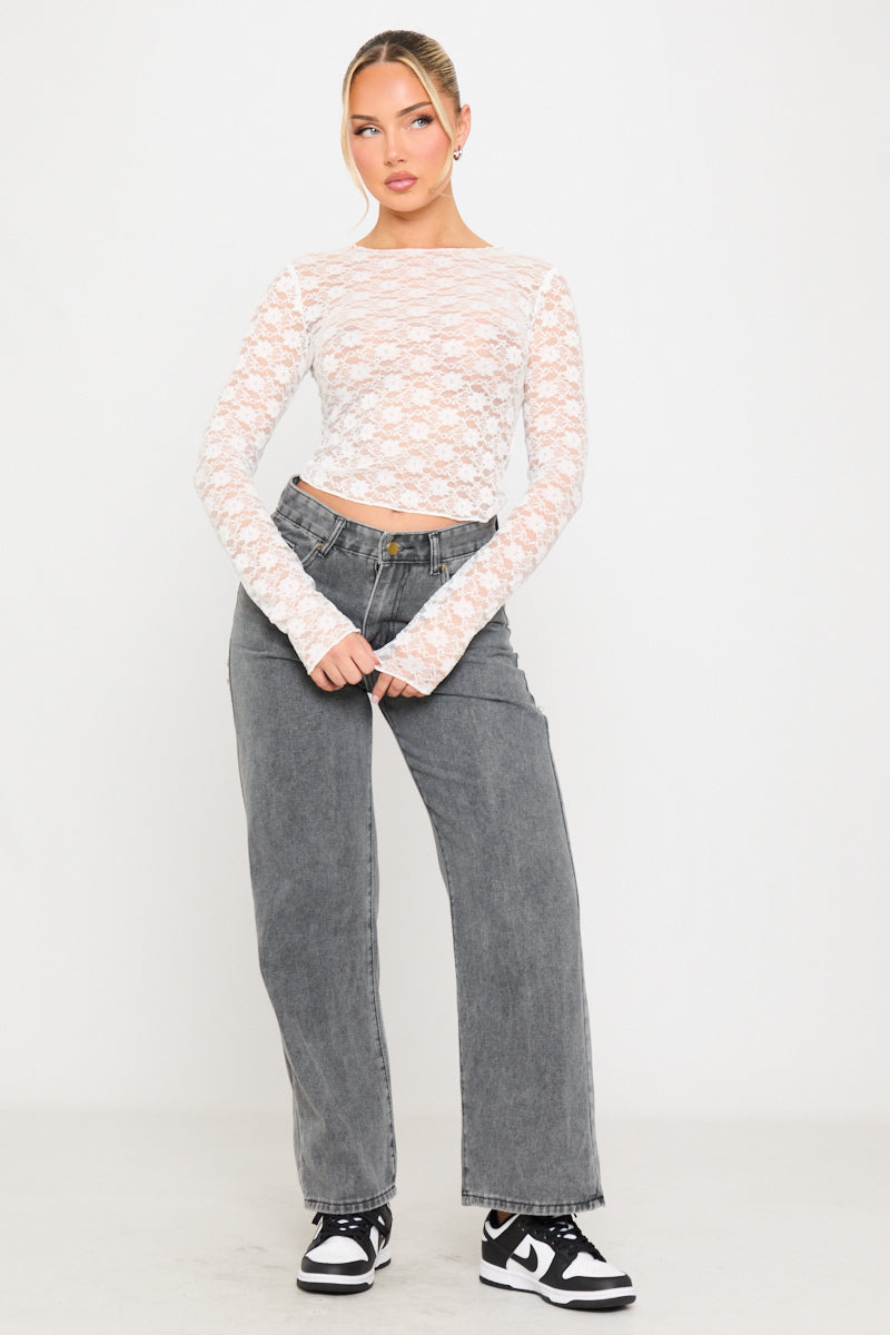 Sheer Floral Lace Long Sleeve Top in White