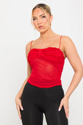 Mesh Strappy Ruffle Camisole Top in Red