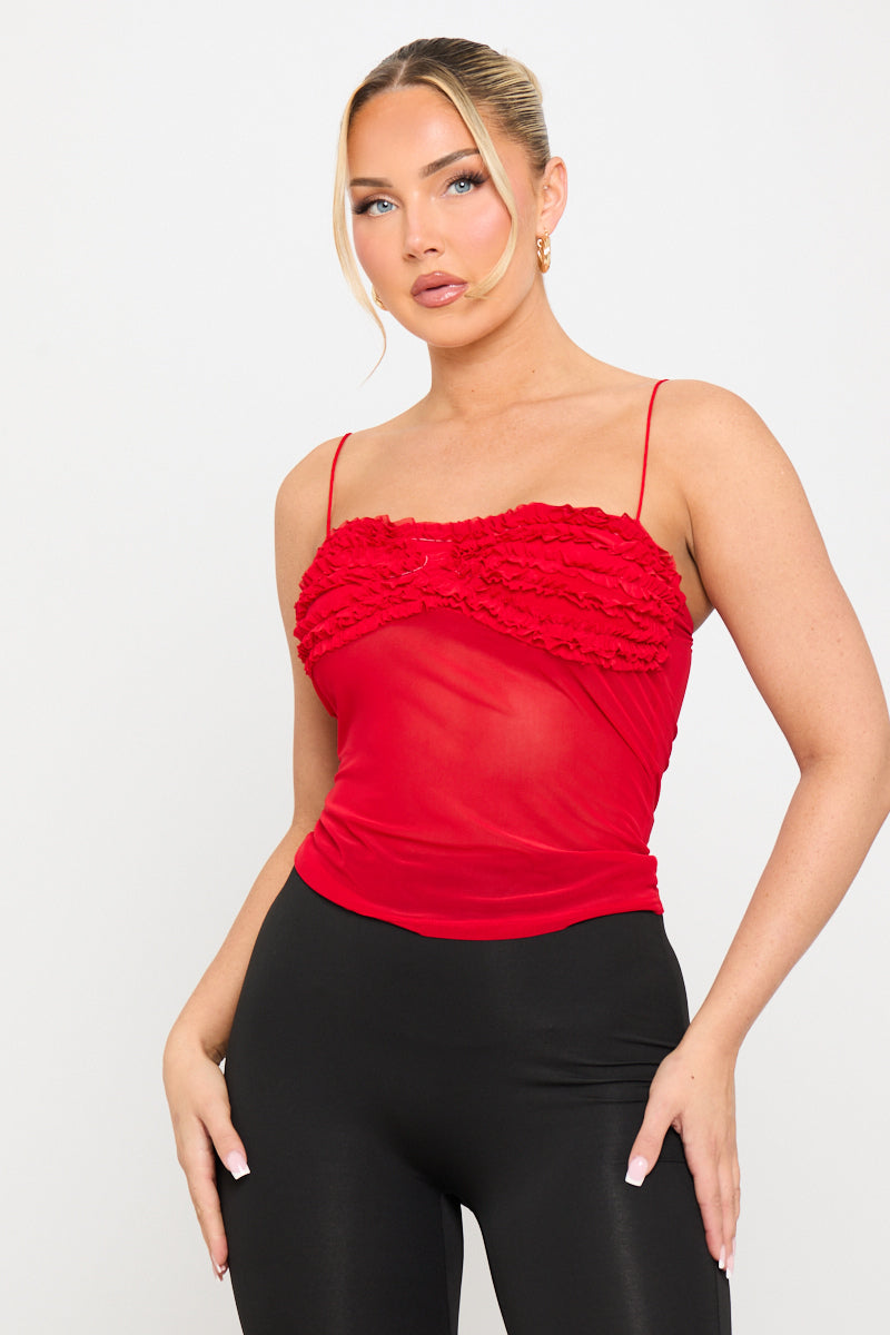 Mesh Strappy Ruffle Camisole Top in Red