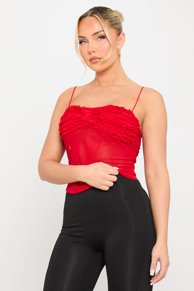 Mesh Strappy Ruffle Camisole Top in Red