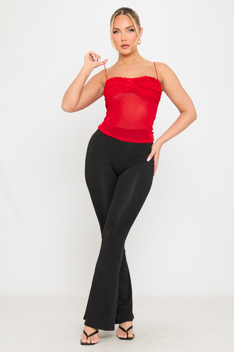 Mesh Strappy Ruffle Camisole Top in Red