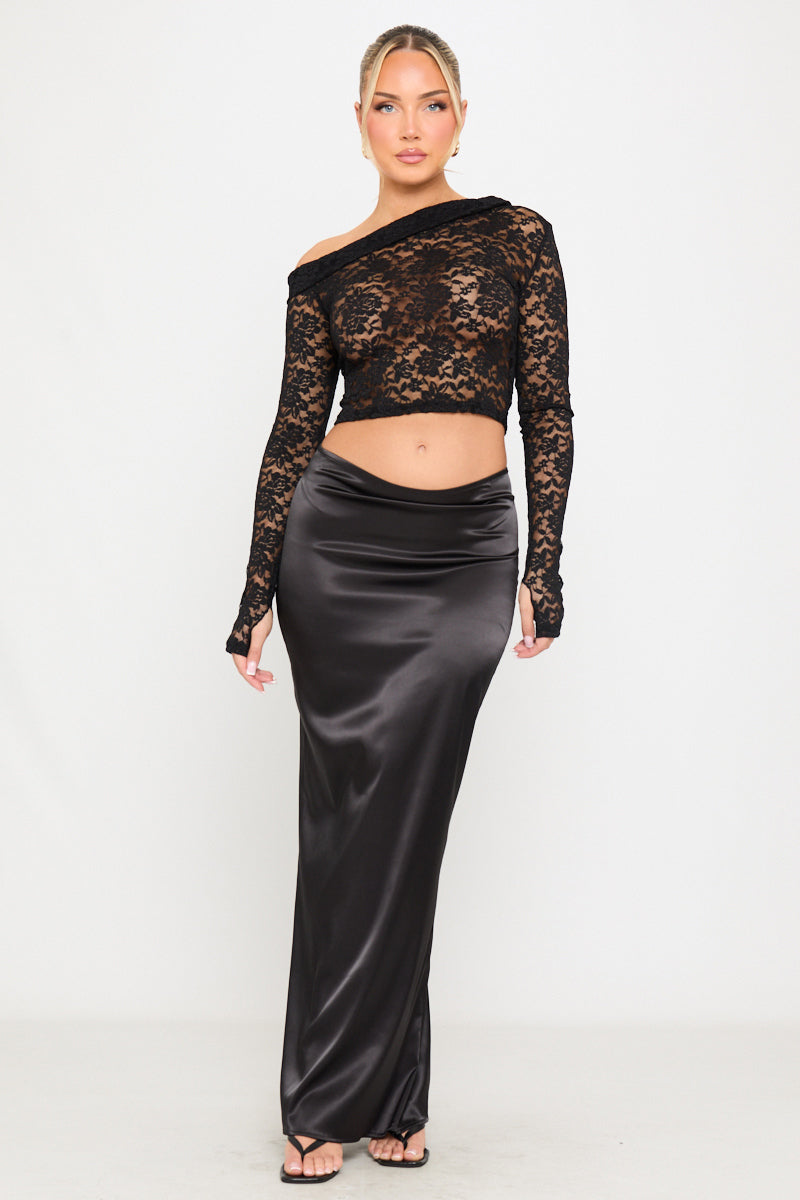 Sheer Floral Lace One Shoulder Long Sleeve Top in Black