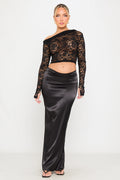Sheer Floral Lace One Shoulder Long Sleeve Top in Black
