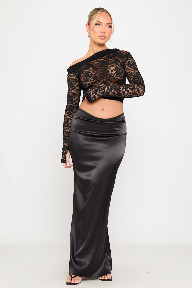 Sheer Floral Lace One Shoulder Long Sleeve Top in Black