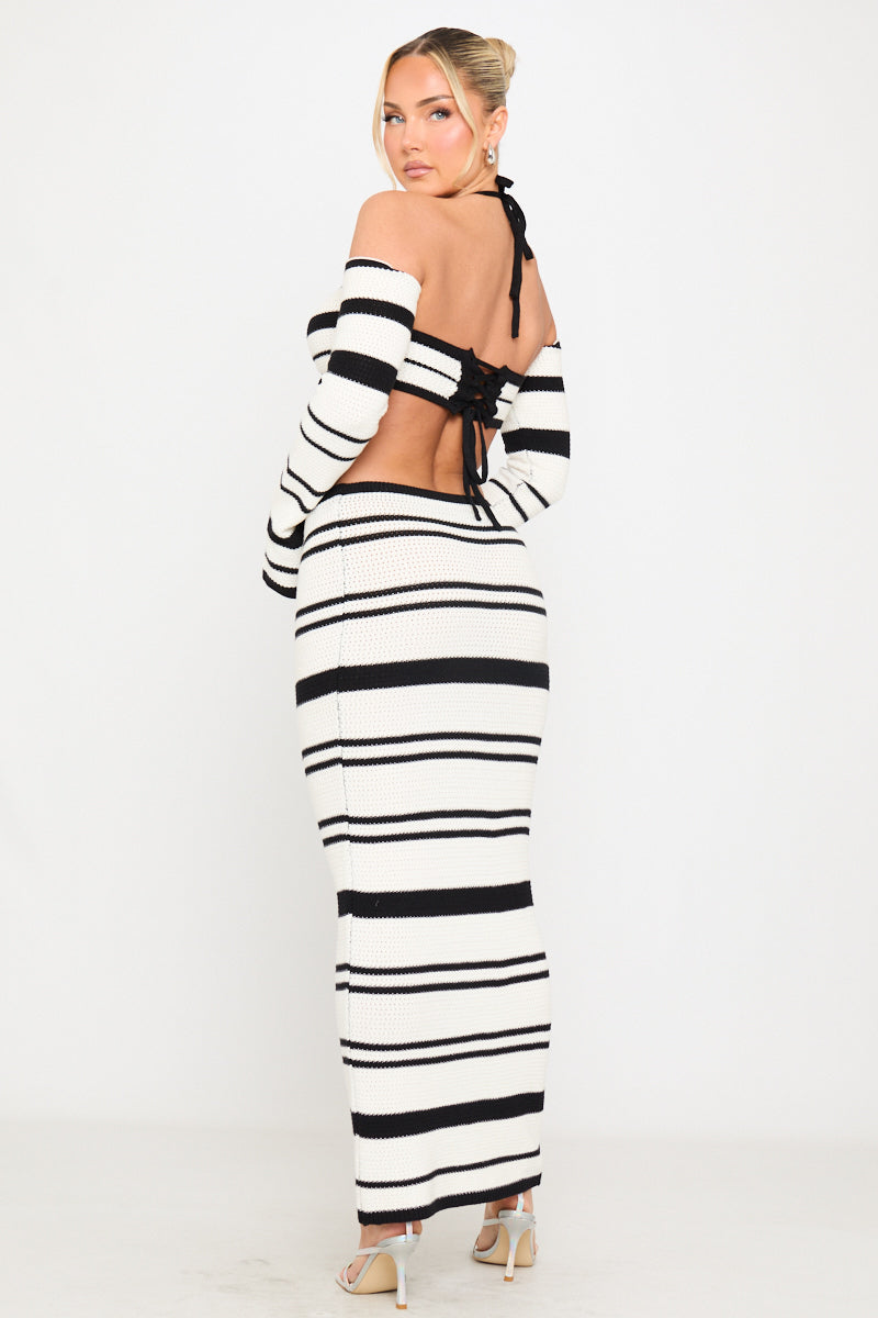 Contrast Crochet Off Shoulder Top & Maxi Skirt Co-Ord in Black