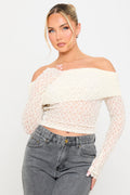 Sheer Lace Off Shoulder Fold Over Top in Cream