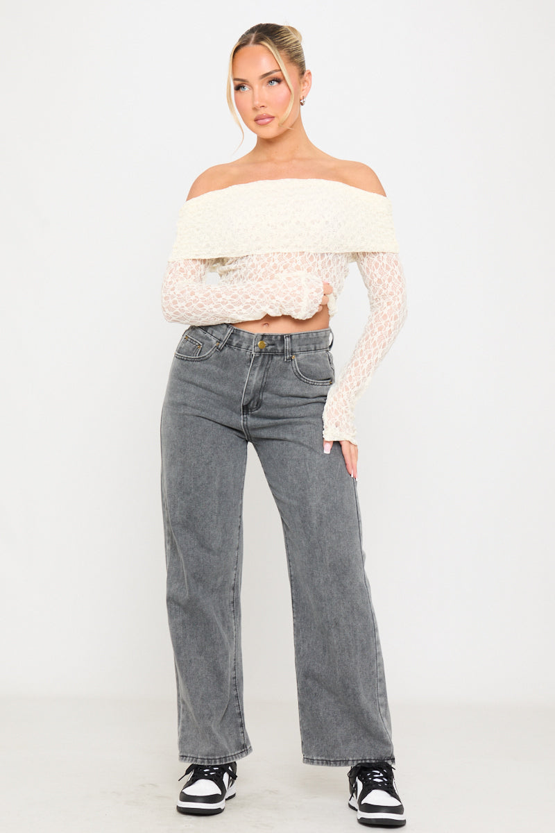Sheer Lace Off Shoulder Fold Over Top in Cream