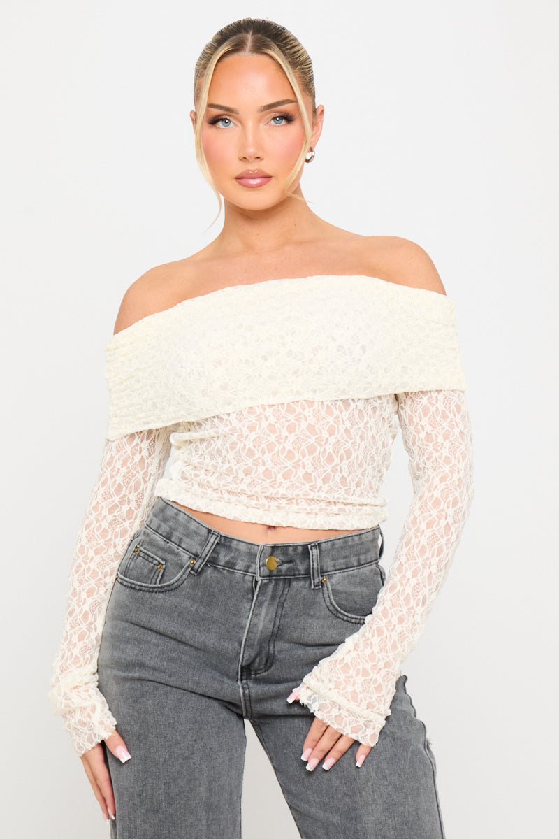 Sheer Lace Off Shoulder Fold Over Top in Cream
