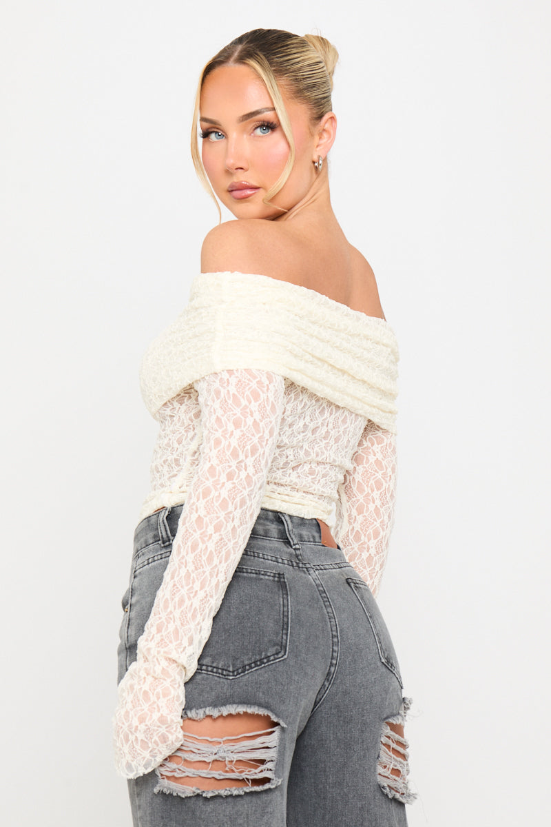 Sheer Lace Off Shoulder Fold Over Top in Cream