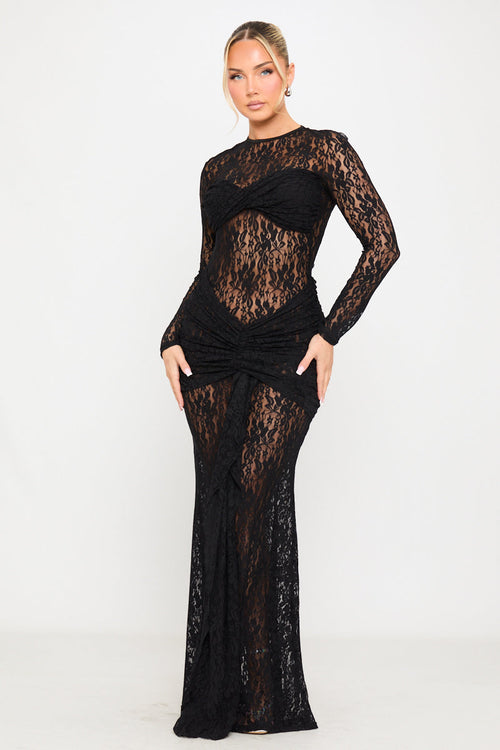 Black Sheer Lace-Trim Drape-Front Full Sleeve Maxi Dress - AMRONI