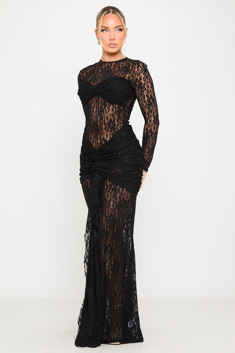 Black Sheer Lace-Trim Drape-Front Full Sleeve Maxi Dress - AMRONI