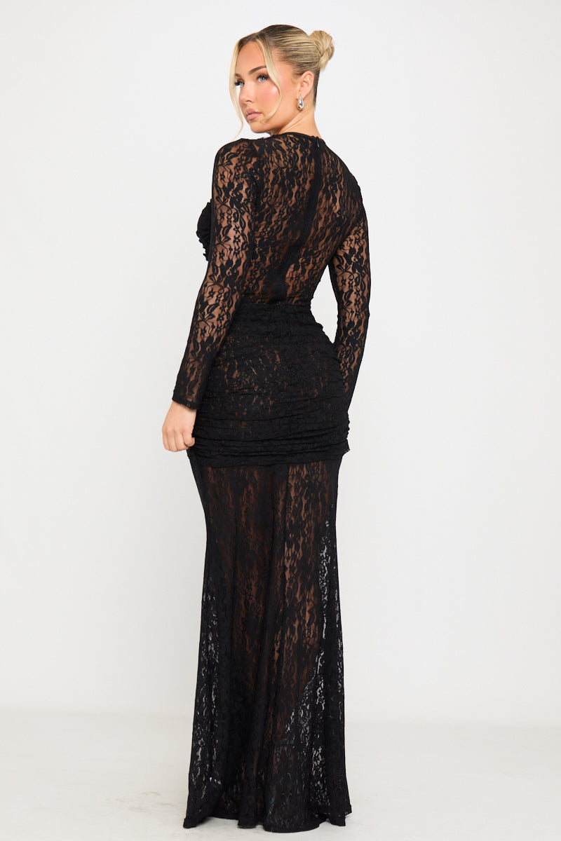 Black Sheer Lace-Trim Drape-Front Full Sleeve Maxi Dress - AMRONI