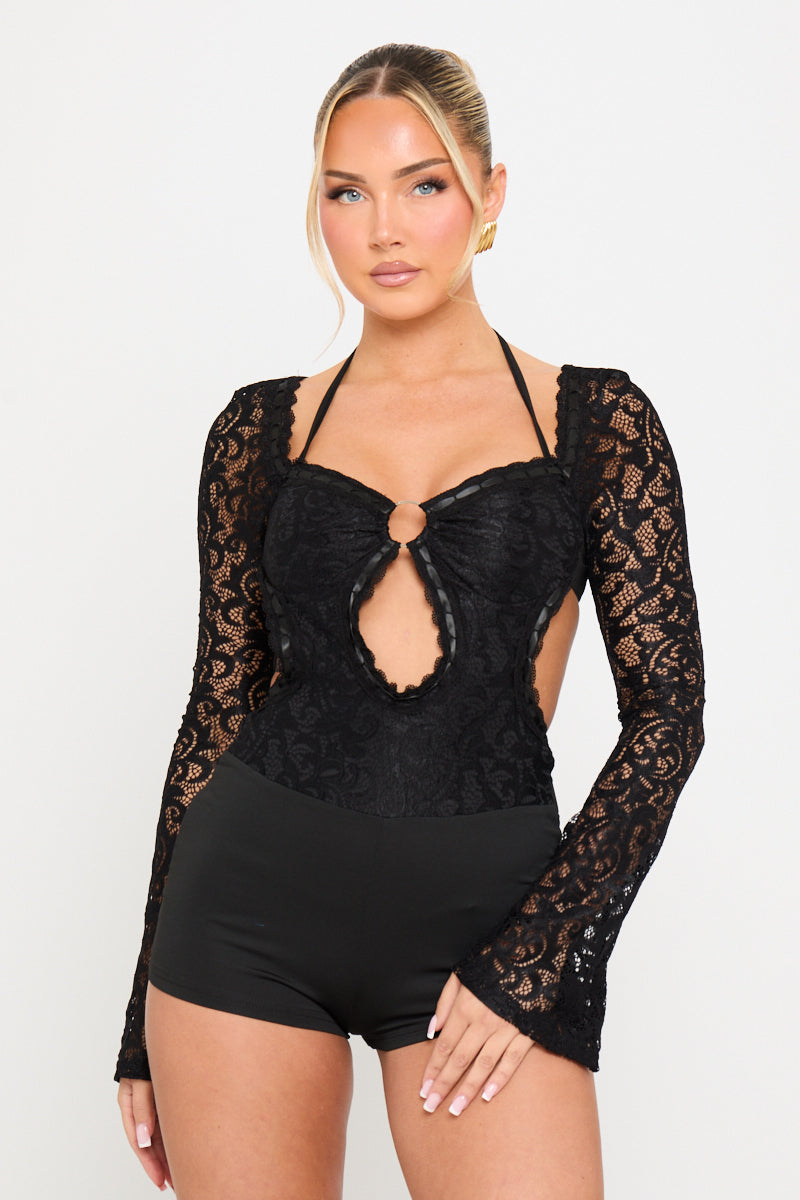 Lace Cut Out Detail Long Sleeve Playsuit in Black