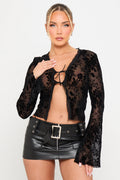 Sheer Floral Embossed Tie Front Top in Black