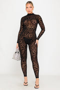 Leopard Embossed High Neck Sheer Jumpsuit in Black