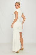 High-Neck Ruched Draped Cream Mini Dress